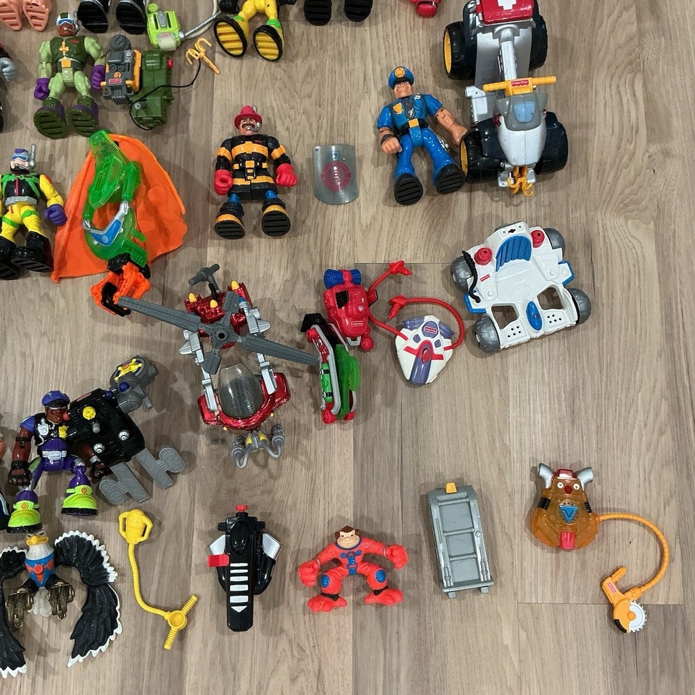 Vtg Fisher Price Rescue Heroes Figures Backpacks Vehicle Animals Lot 50+ Piece - Picture 3 of 8